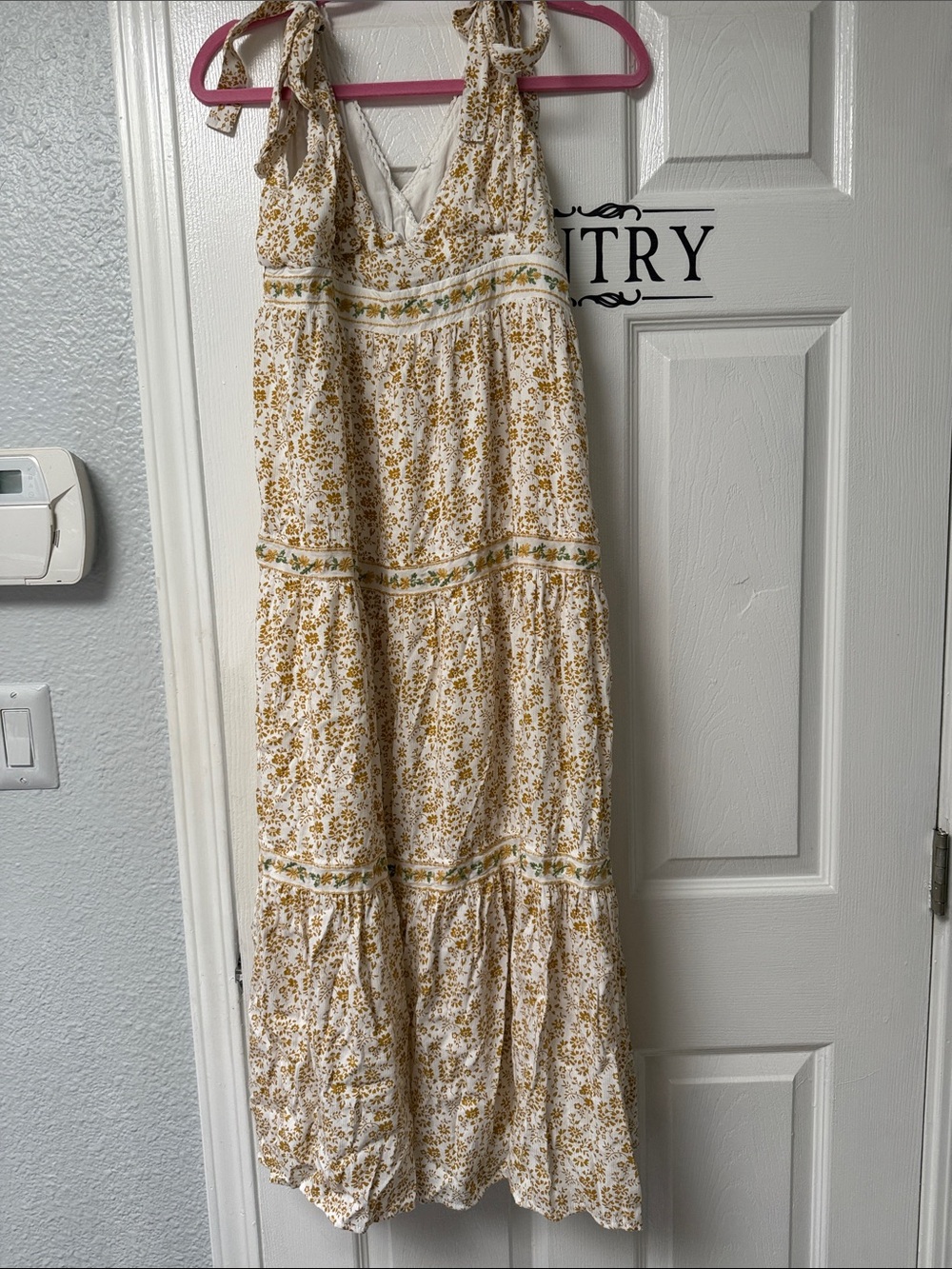 White and Mustard Floral Tie-Shoulder Maxi Dress